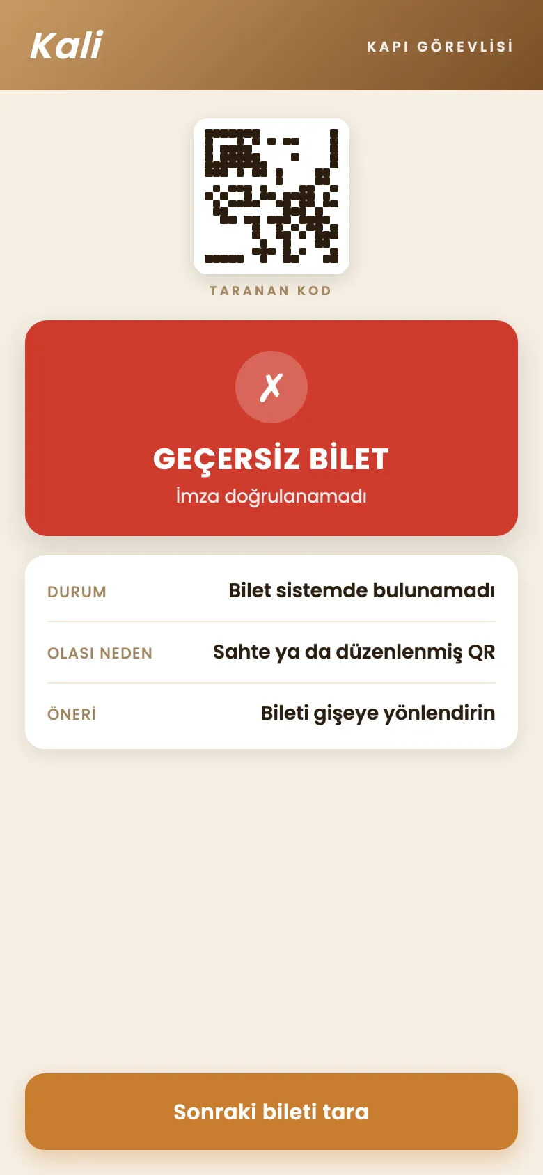 Gate app — validation screen (representative UI)
