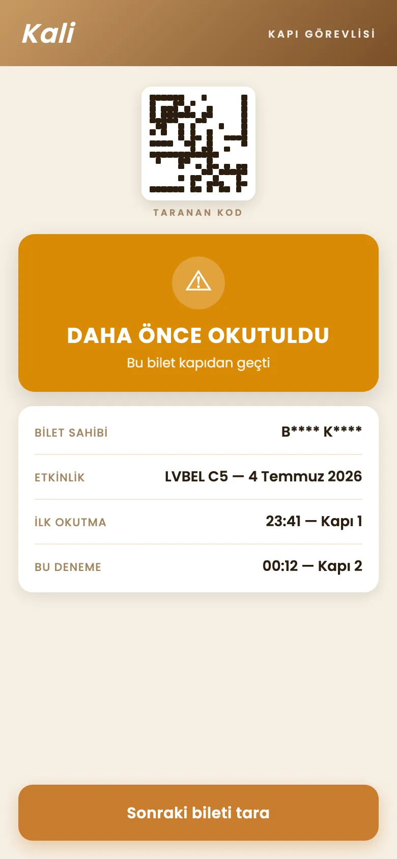 Gate app — validation screen (representative UI)