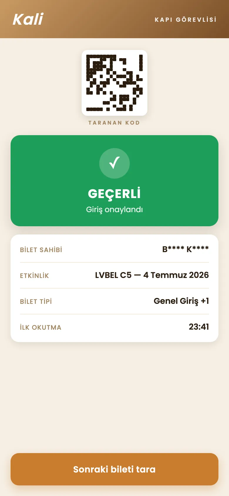 Gate app — validation screen (representative UI)